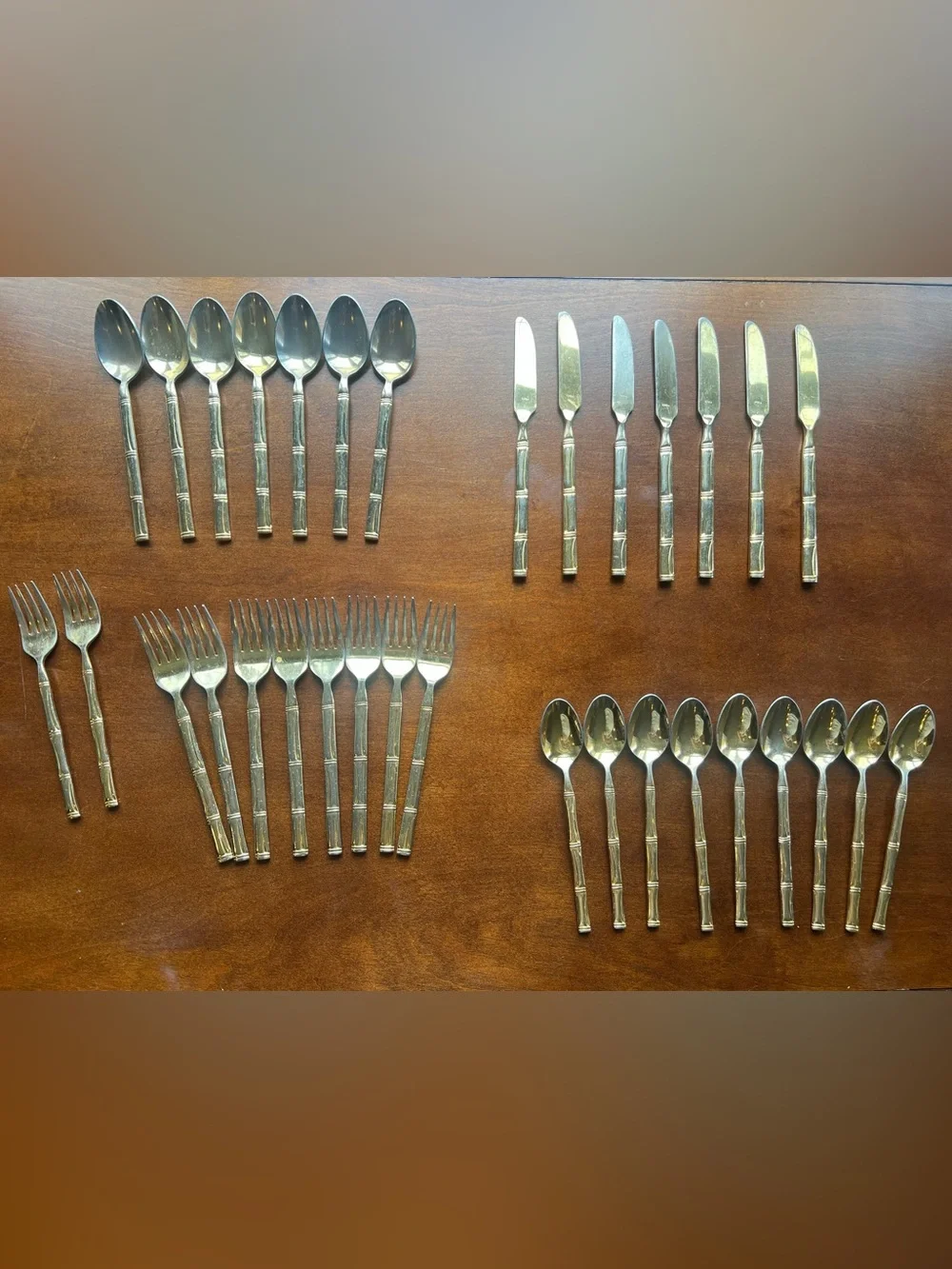 Vintage Mid Century Gold Plate Kona Bamboo  Flatware Set 33-Piece Elegant Cutler